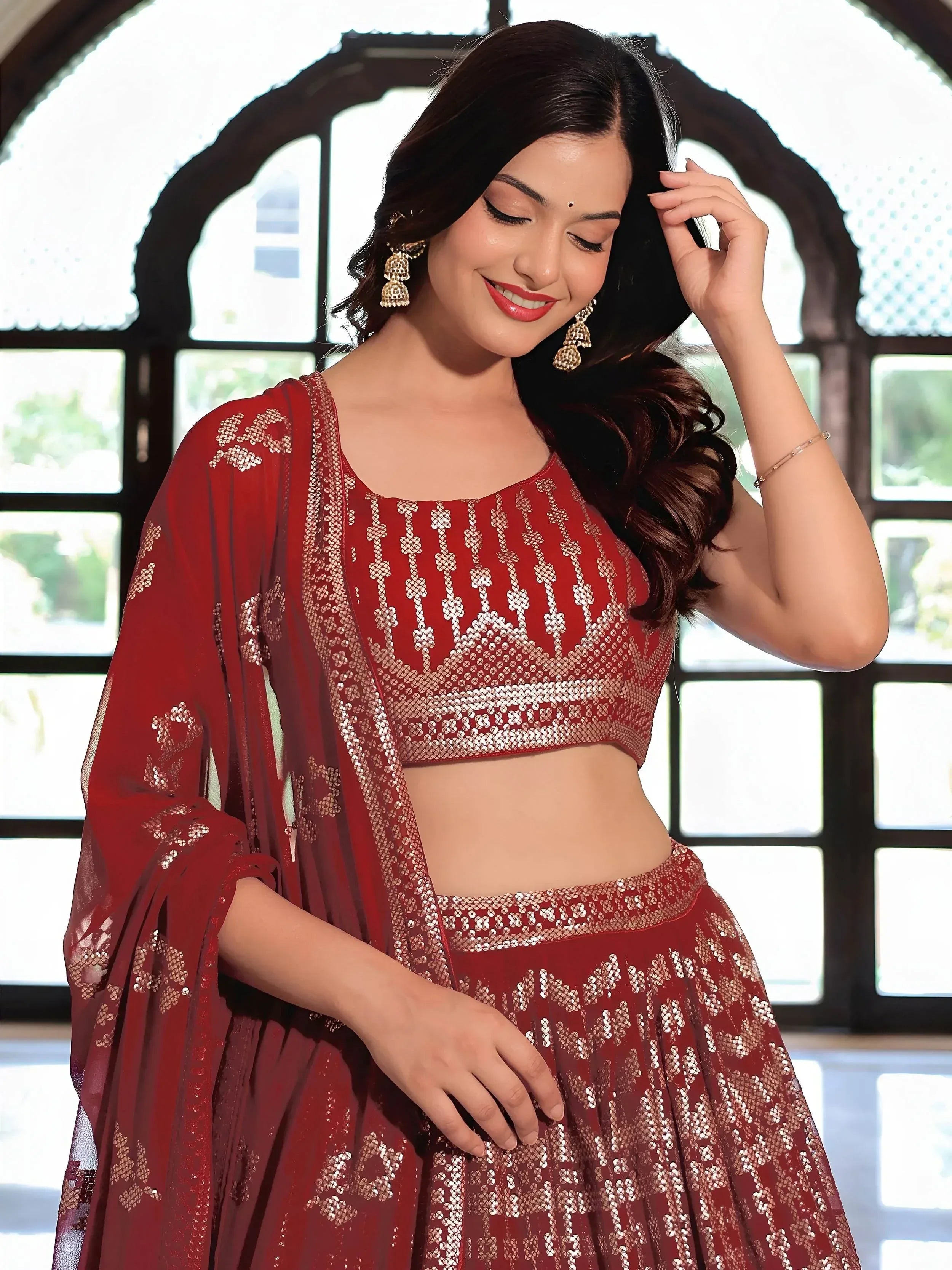 Red sequin lehenga choli with matching dupatta, Indian ethnic wear for women