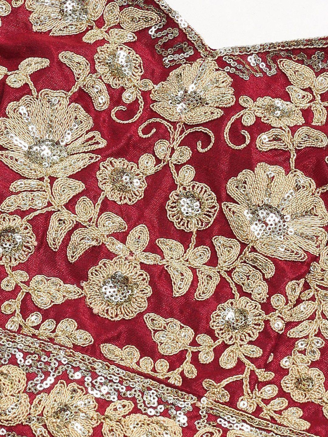 Red ethnic blouse with gold floral embroidery and sequin detailing for Indian wear