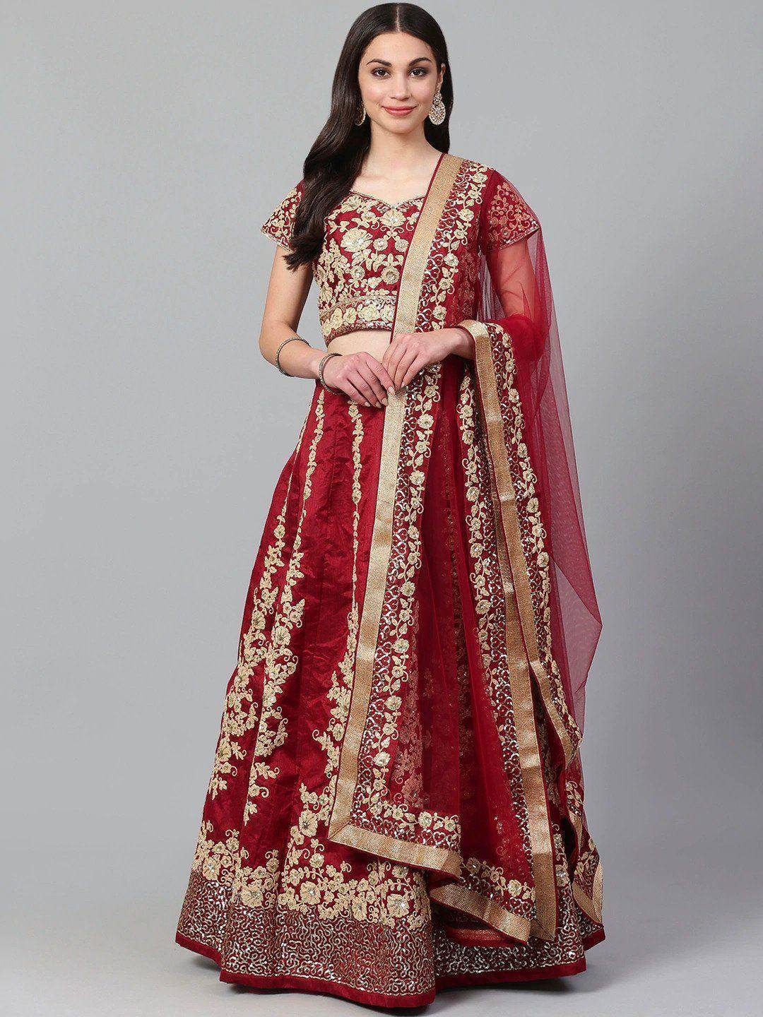 Red and gold embroidered lehenga choli with sheer dupatta, Indian ethnic wear for weddings and festivals