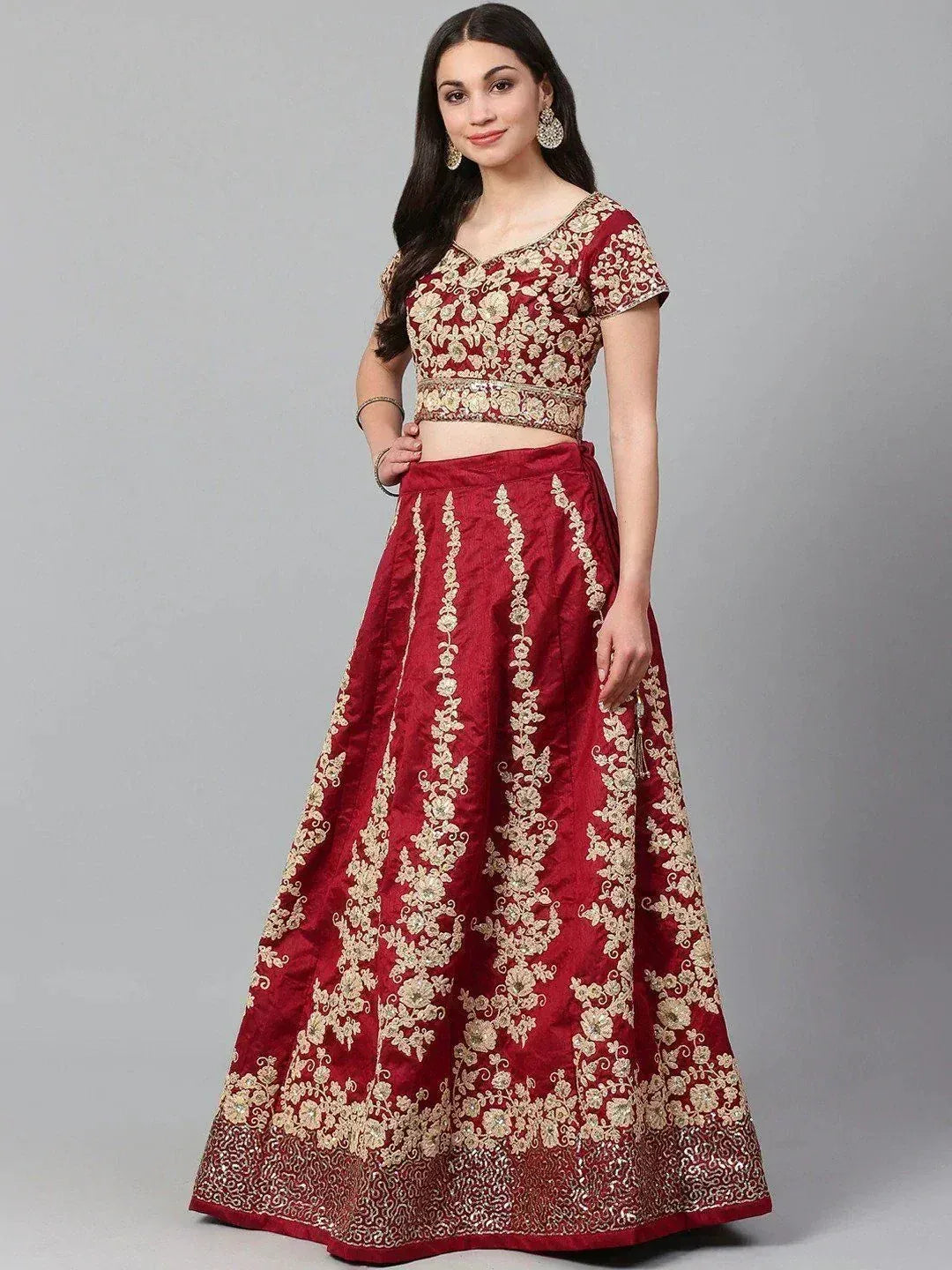 Red and gold embroidered lehenga choli, Indian ethnic wear for weddings and festivals