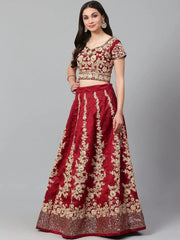 Maroon & Golden Semi-Stitched Myntra Wedding Lehenga & Unstitched Blouse with Dupatta