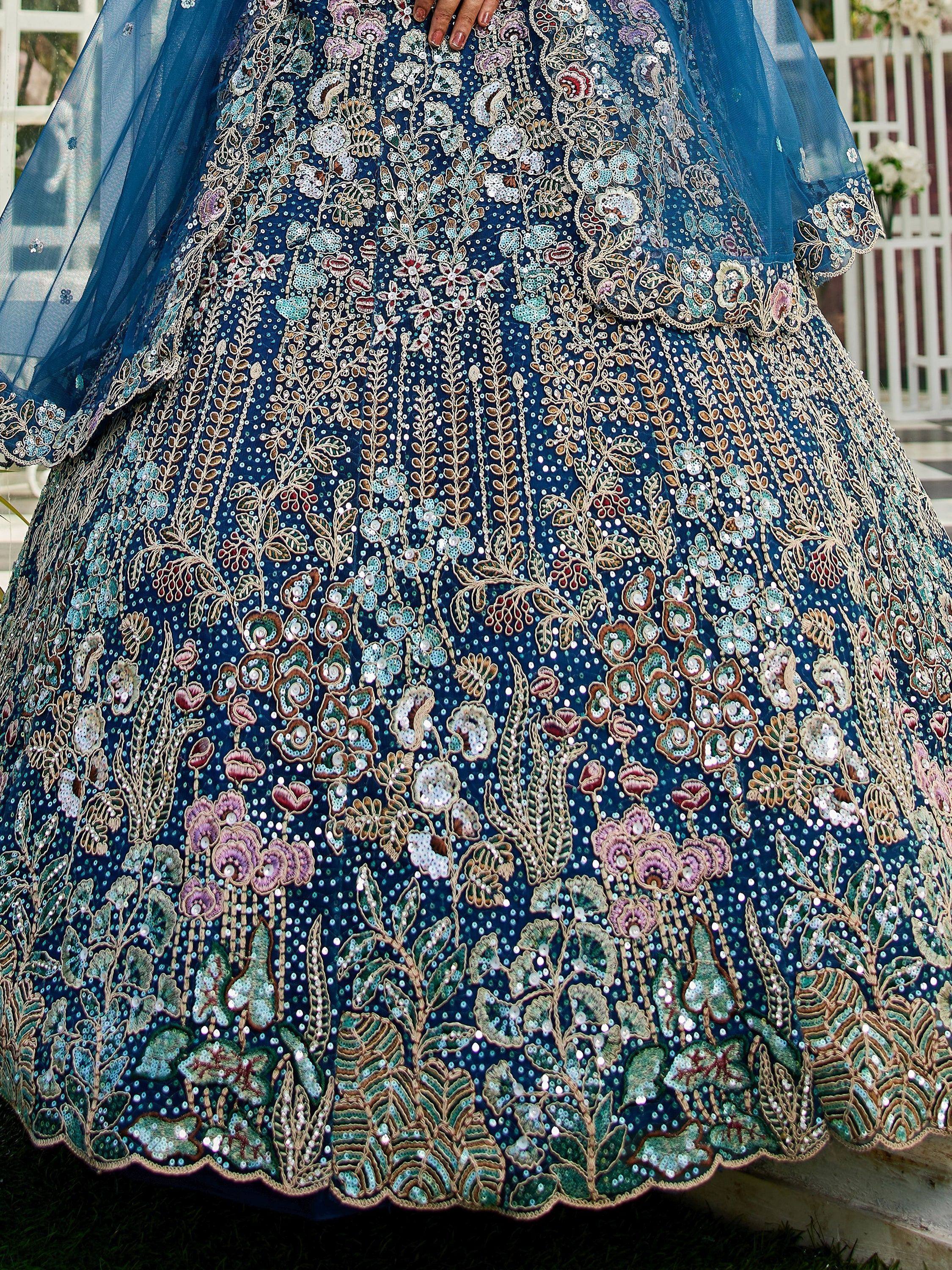 Blue floral embroidered lehenga with sequins and net dupatta, Indian ethnic wear