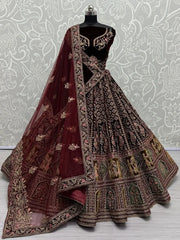 Marvelous Dark Maroon Velvet Bridal Lehenga Choli With Double Dupatta - Ethnic Plus In