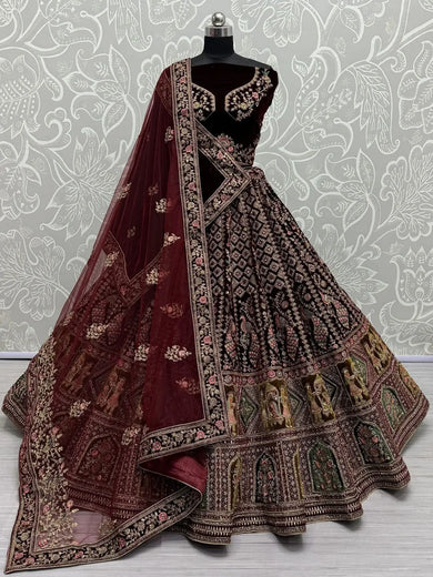 Marvelous Dark Maroon Velvet Bridal Lehenga Choli With Double Dupatta - Ethnic Plus In