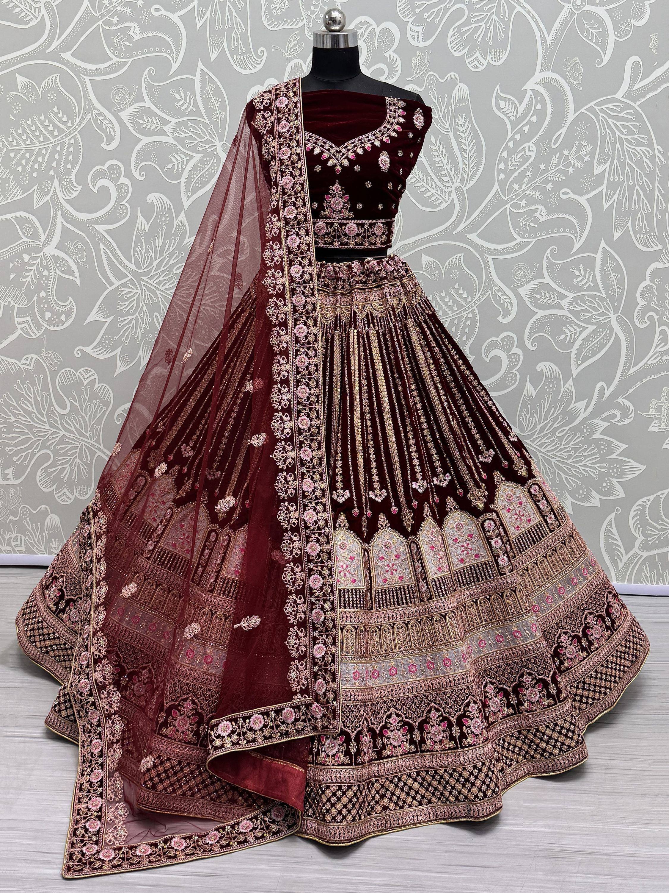 Burgundy velvet designer lehenga choli with heavy embroidery and dupatta, Indian ethnic wear
