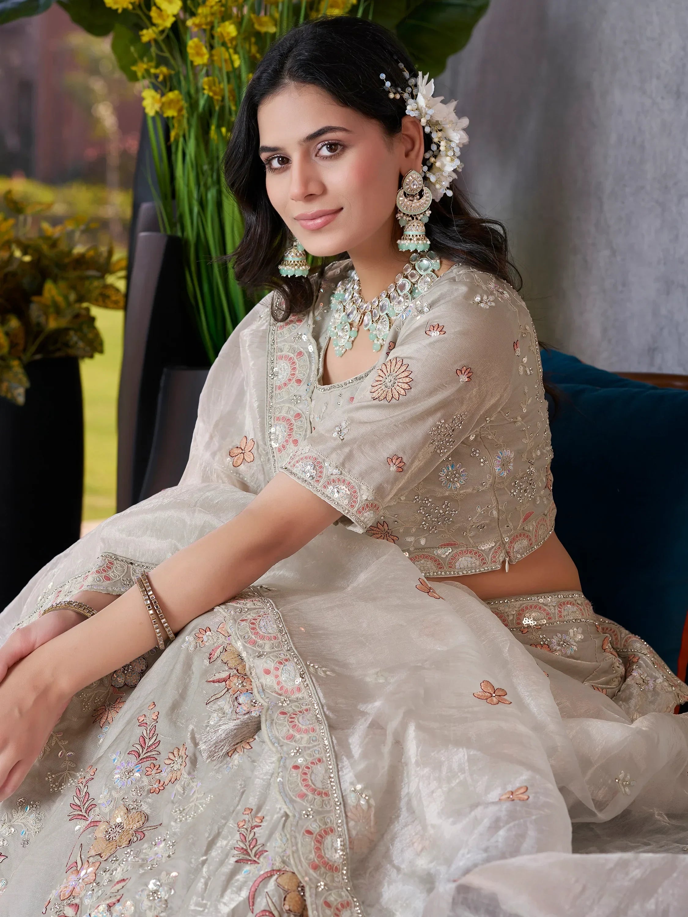 Elegant Indian lehenga choli with floral embroidery, perfect for weddings and festive occasions.