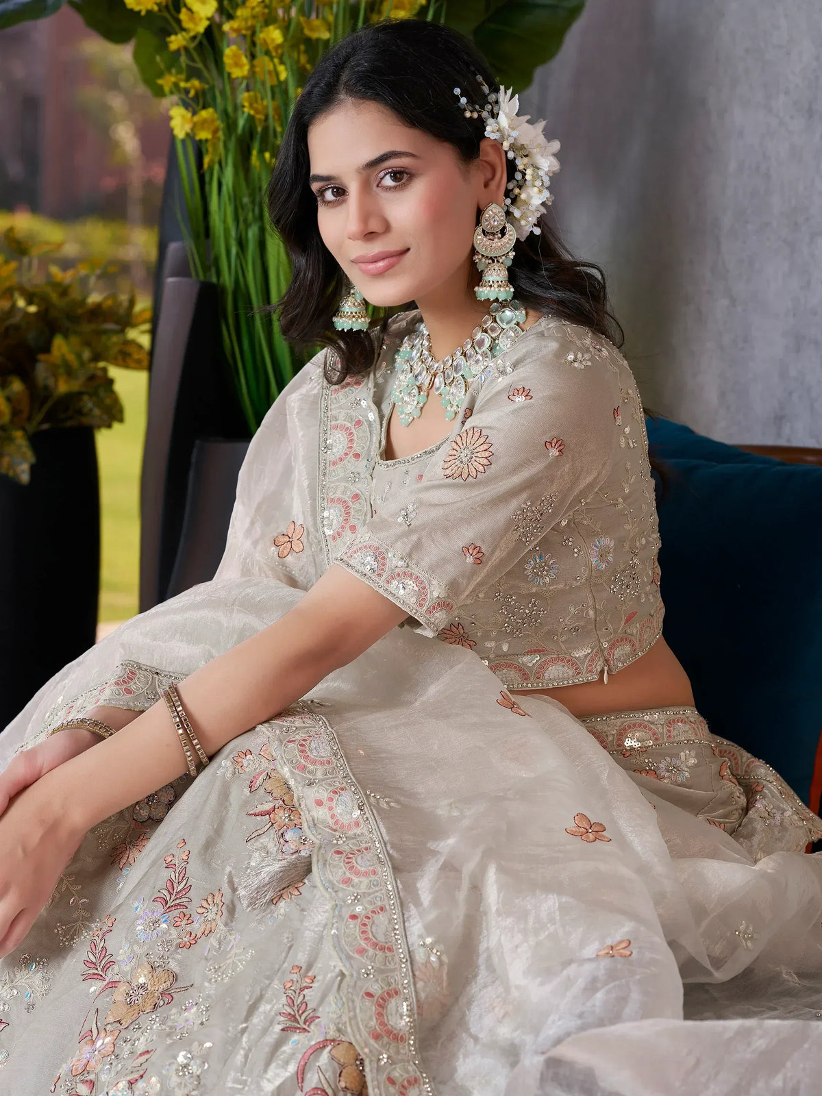 Elegant Indian lehenga choli with floral embroidery, perfect for weddings and festive occasions.