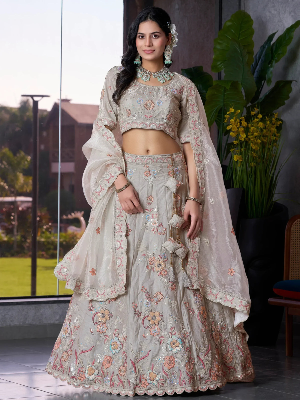 Beige floral embroidered lehenga choli with dupatta, Indian ethnic wear for weddings and occasions