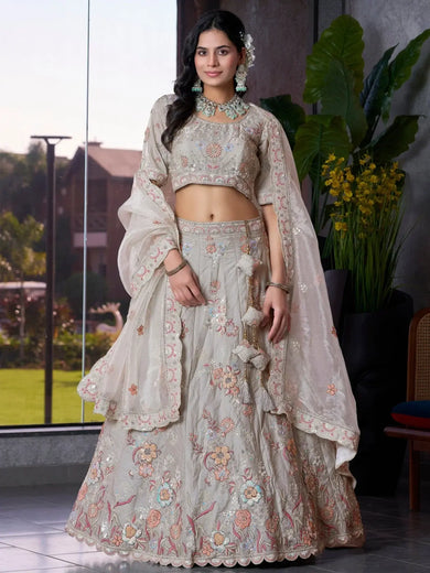 Marvelous Grey Jarkan Work Lehenga Choli With Organza Dupatta - Ethnic Plus In