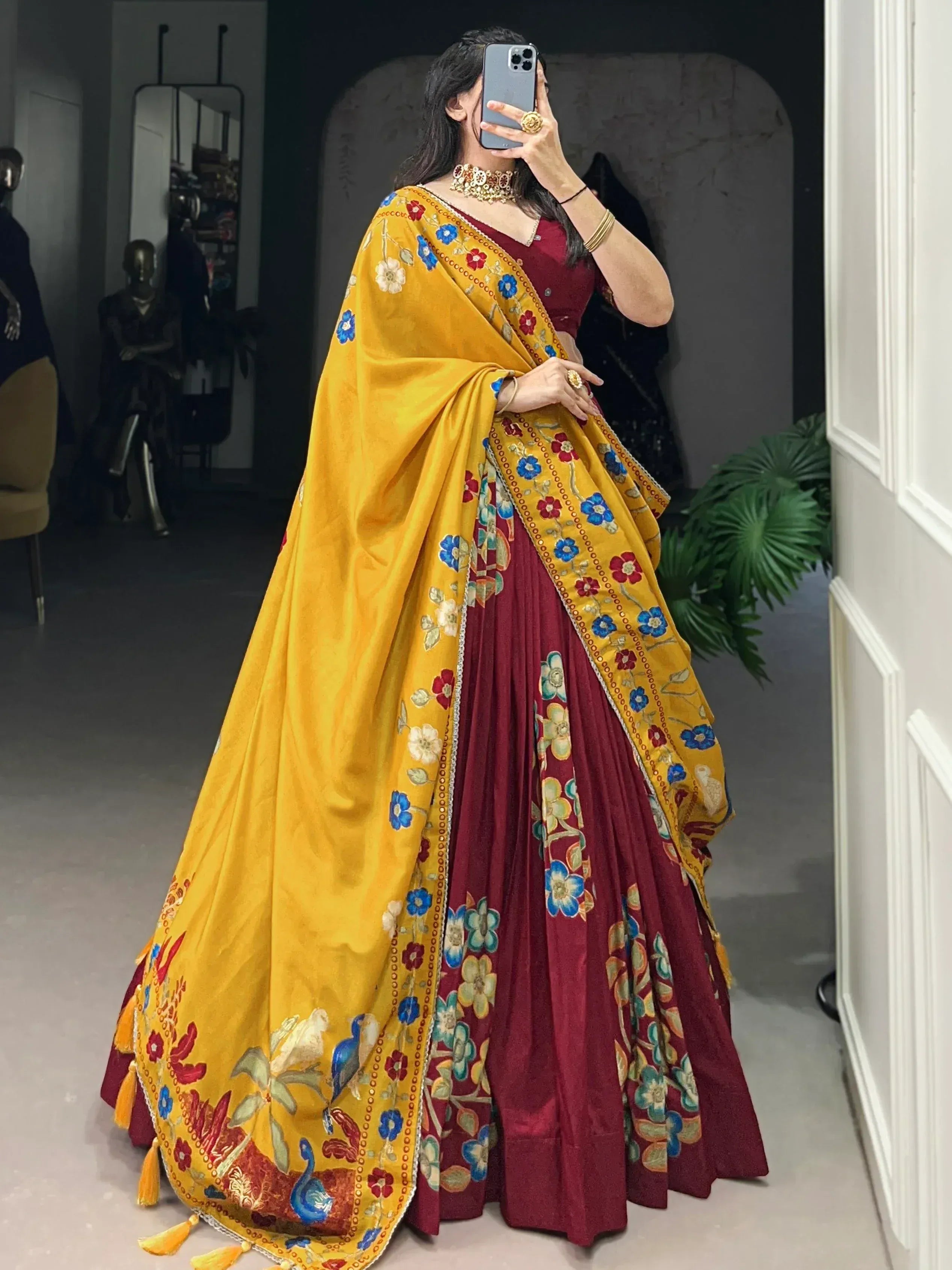 Maroon lehenga with yellow floral dupatta, Indian ethnic wear for weddings and festivals