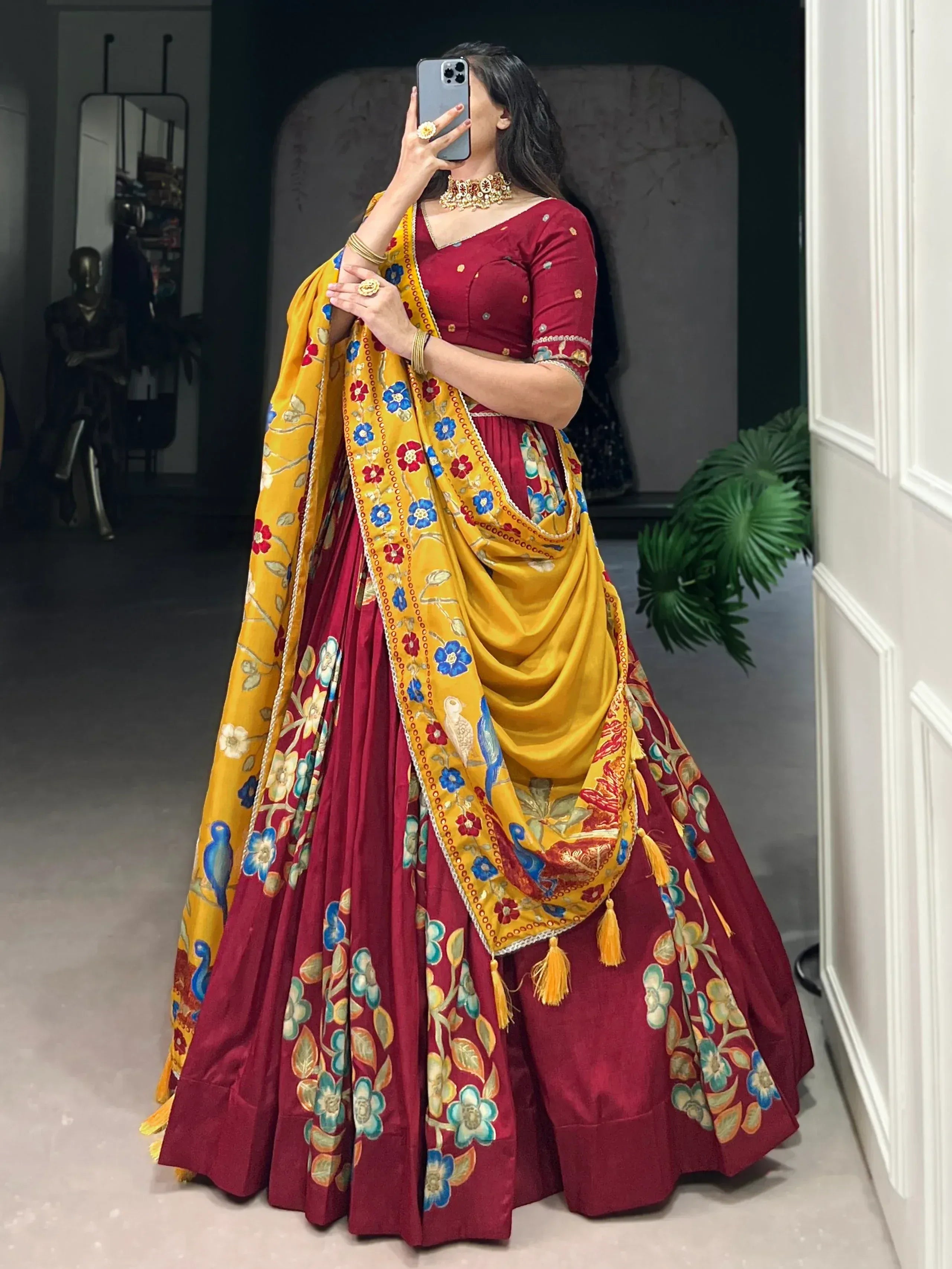 Maroon floral lehenga choli with yellow dupatta, perfect for Indian ethnic wear and festive occasions