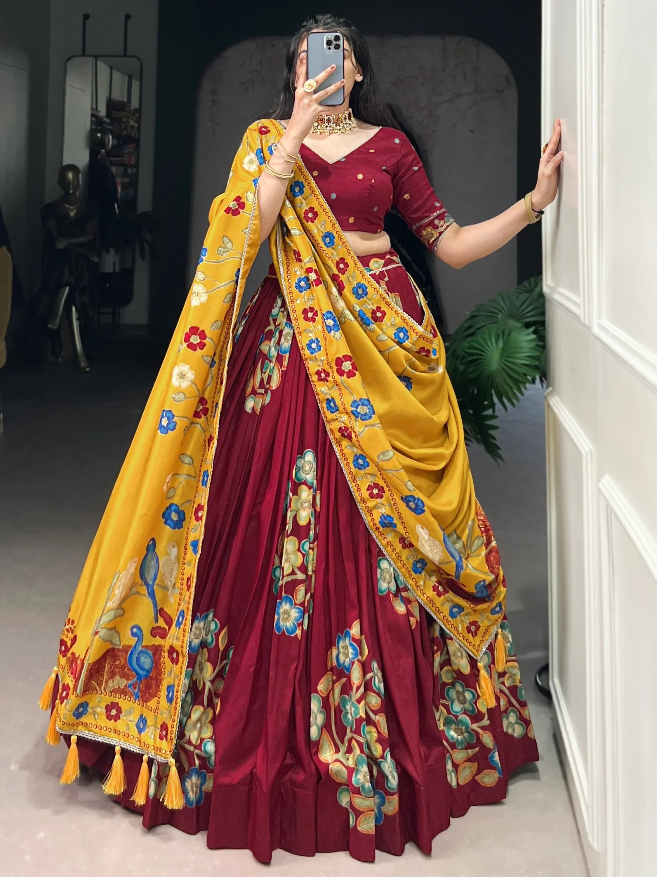 Marvelous Maroon Floral Printed Tussar Silk Lehenga Choli With Dupatta - Ethnic Plus In