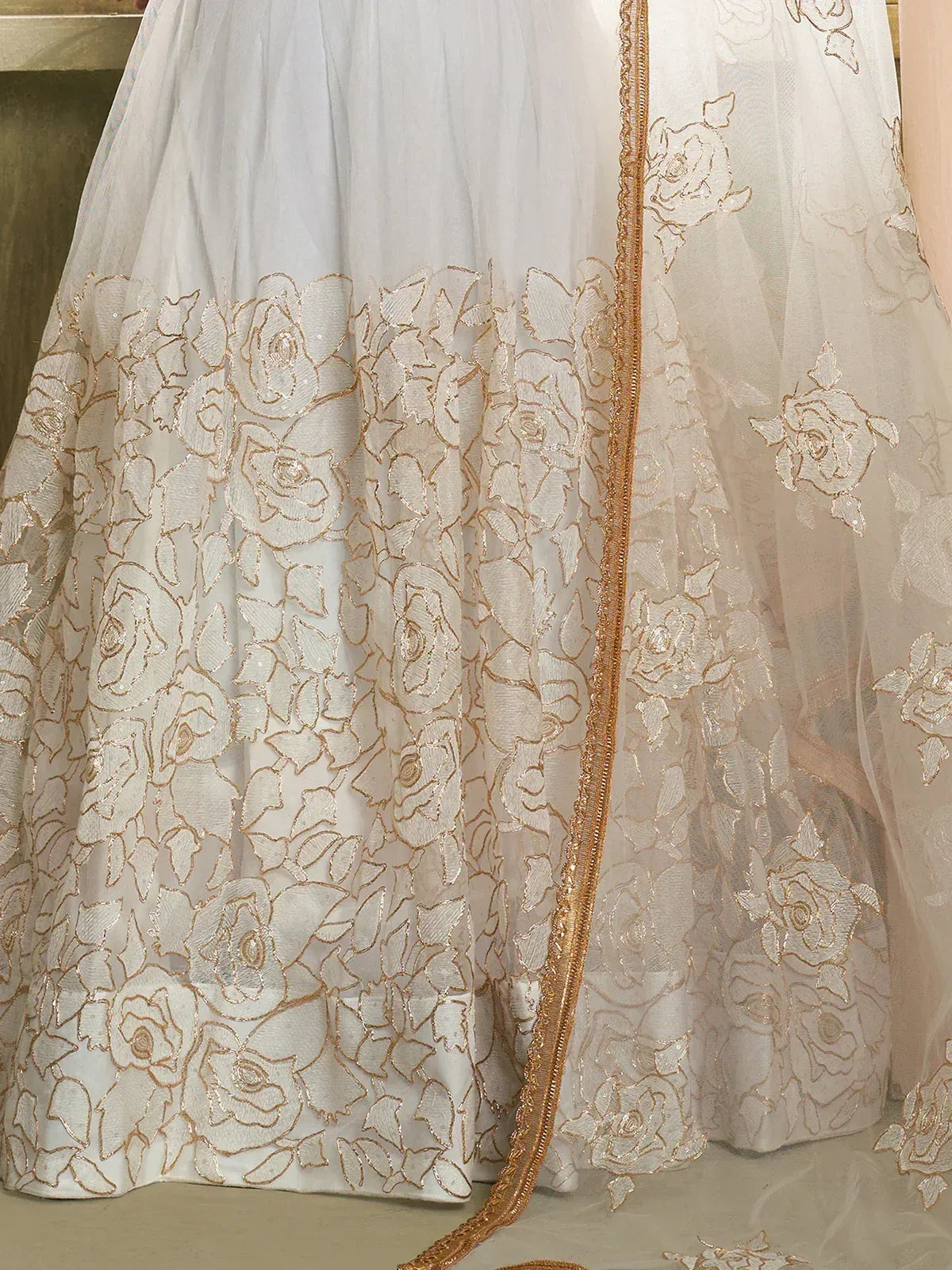 White lehenga with gold rose embroidery and sheer dupatta, ethnic Indian wear
