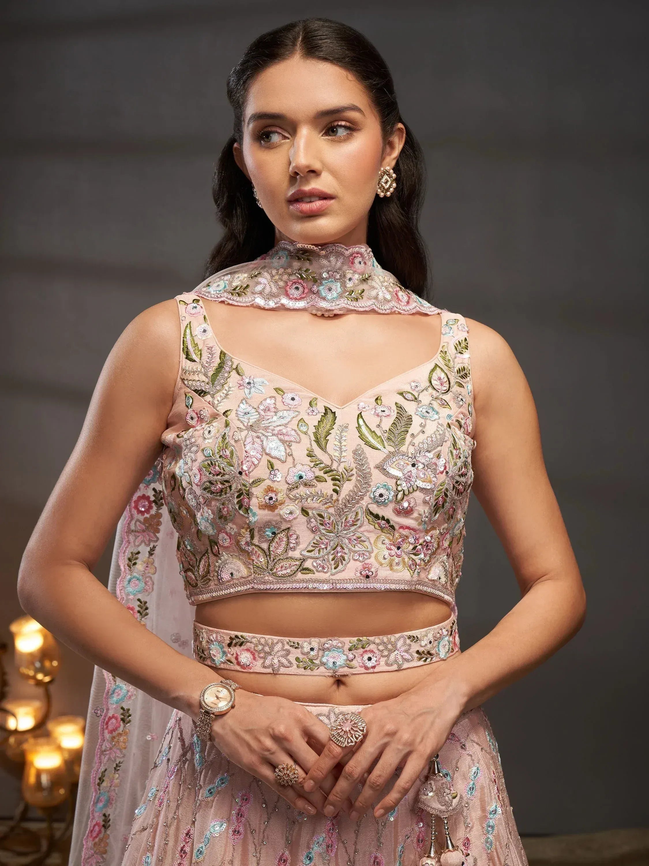 Pink floral embroidered lehenga choli with sheer dupatta, perfect for Indian ethnic wear occasions