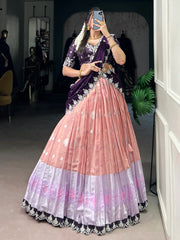 Marvelous Peach Zari Weaving Silk Festive Wear Half Saree Lehenga - Ethnic Plus In