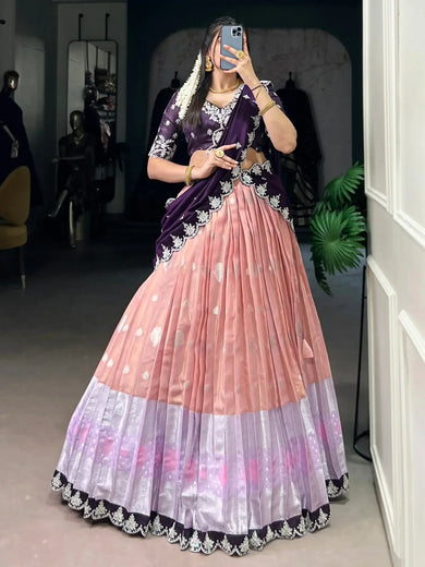 Marvelous Peach Zari Weaving Silk Festive Wear Half Saree Lehenga - Ethnic Plus In