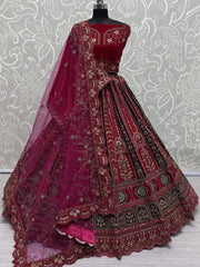 Marvelous Pink Embroidered Velvet Bridal Lehenga Choli With Double Dupatta - Ethnic Plus In