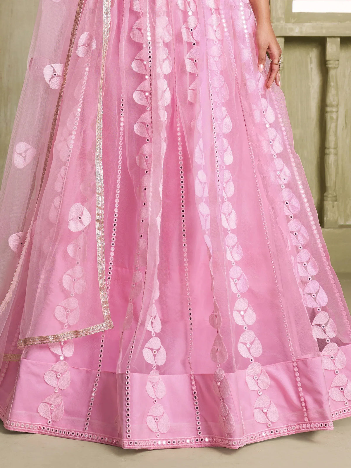 Pink designer lehenga with floral embroidery and sequin detailing, perfect for Indian ethnic wear occasions