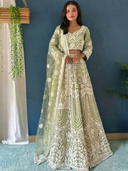 Marvelous Pista Green Pearl Work Net Engagement Wear Lehenga Choli - Ethnic Plus In