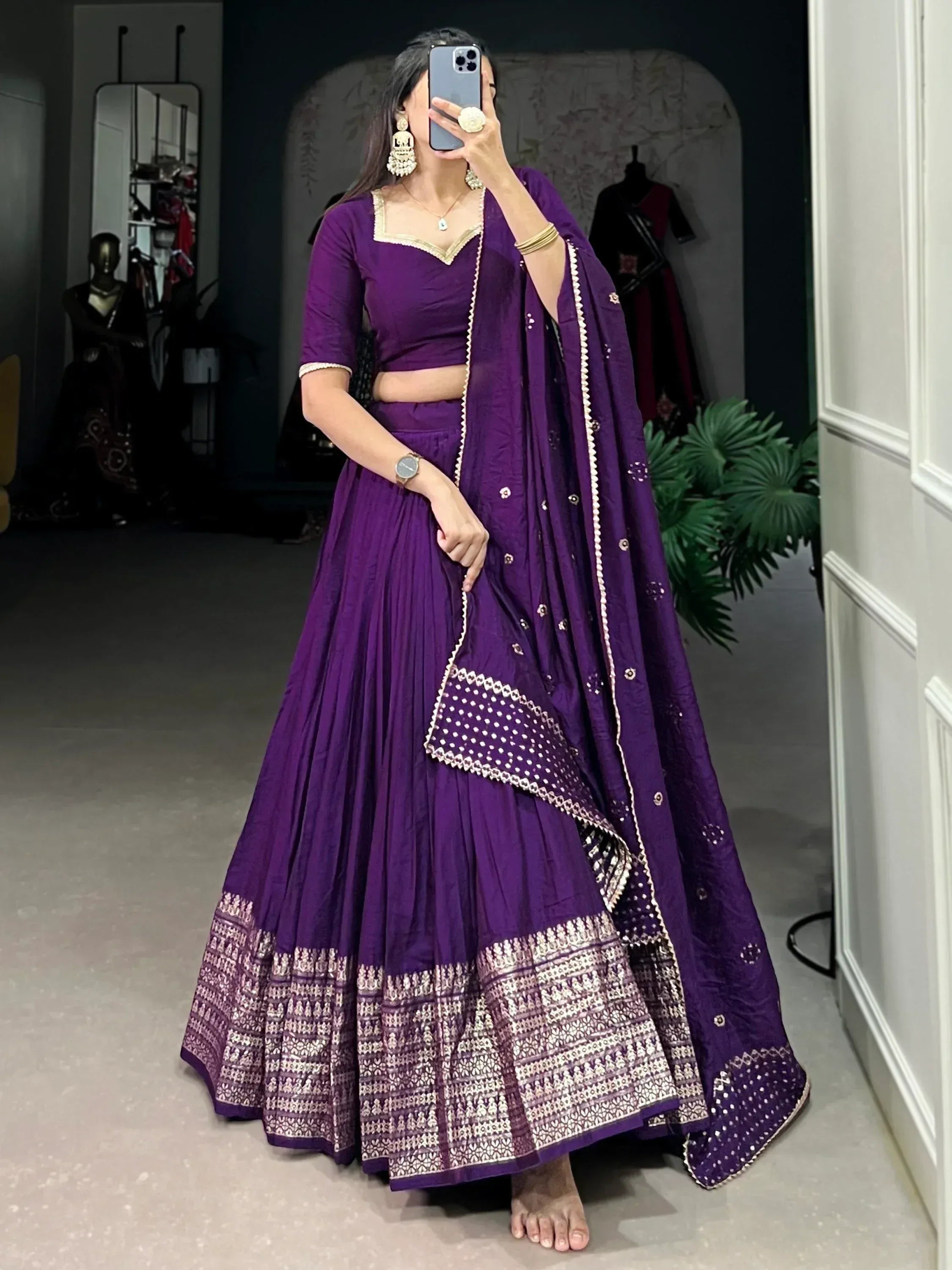 Purple designer lehenga choli with gold embroidery, perfect for Indian ethnic wear occasions