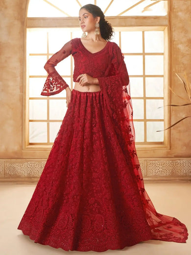 Marvelous Red Embroidered Net Bridesmaid Lehenga Choli With Dupatta - Ethnic Plus In
