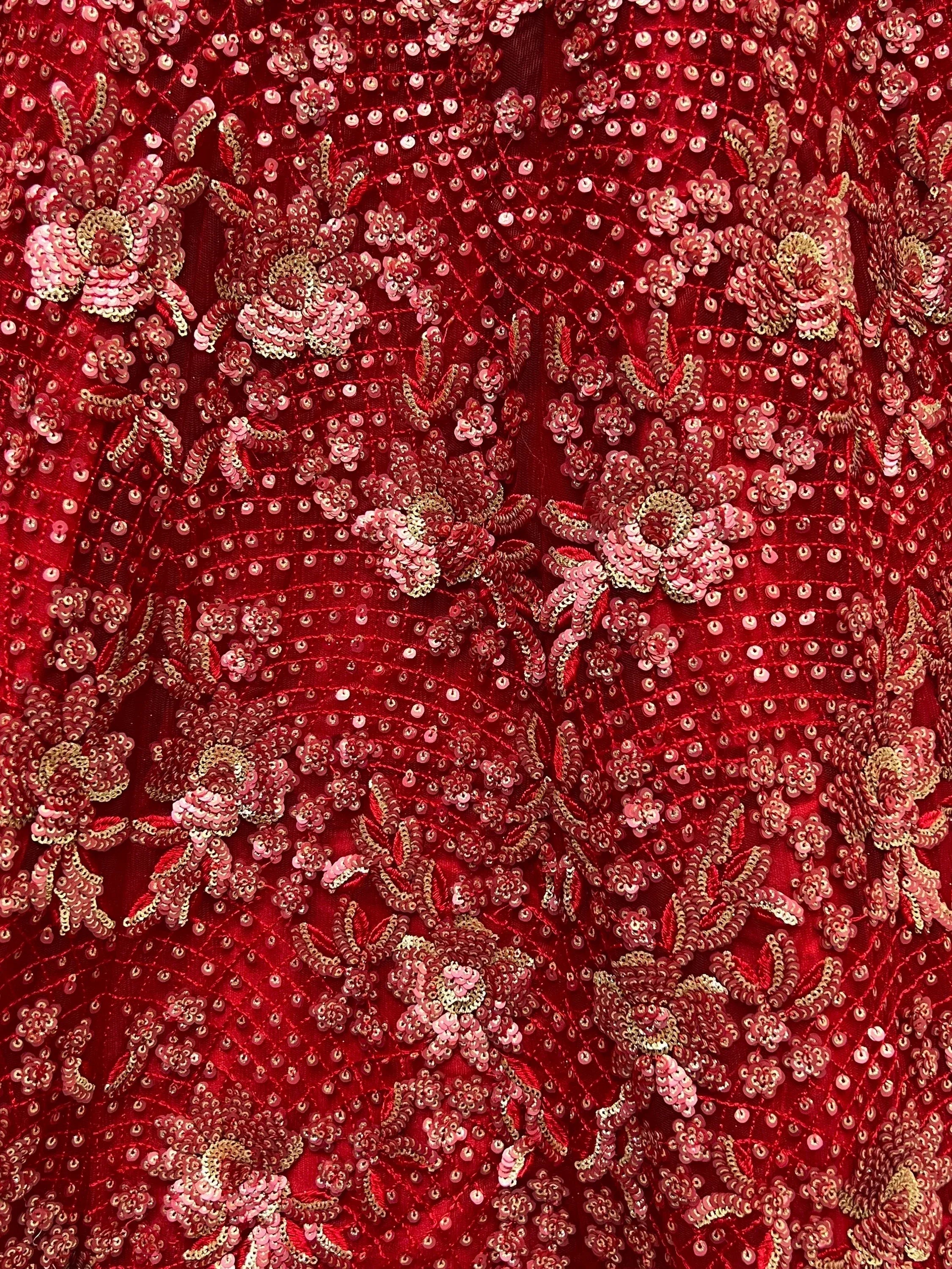 Red sequin embroidered floral fabric for ethnic wear, designer lehenga choli, saree, or gown