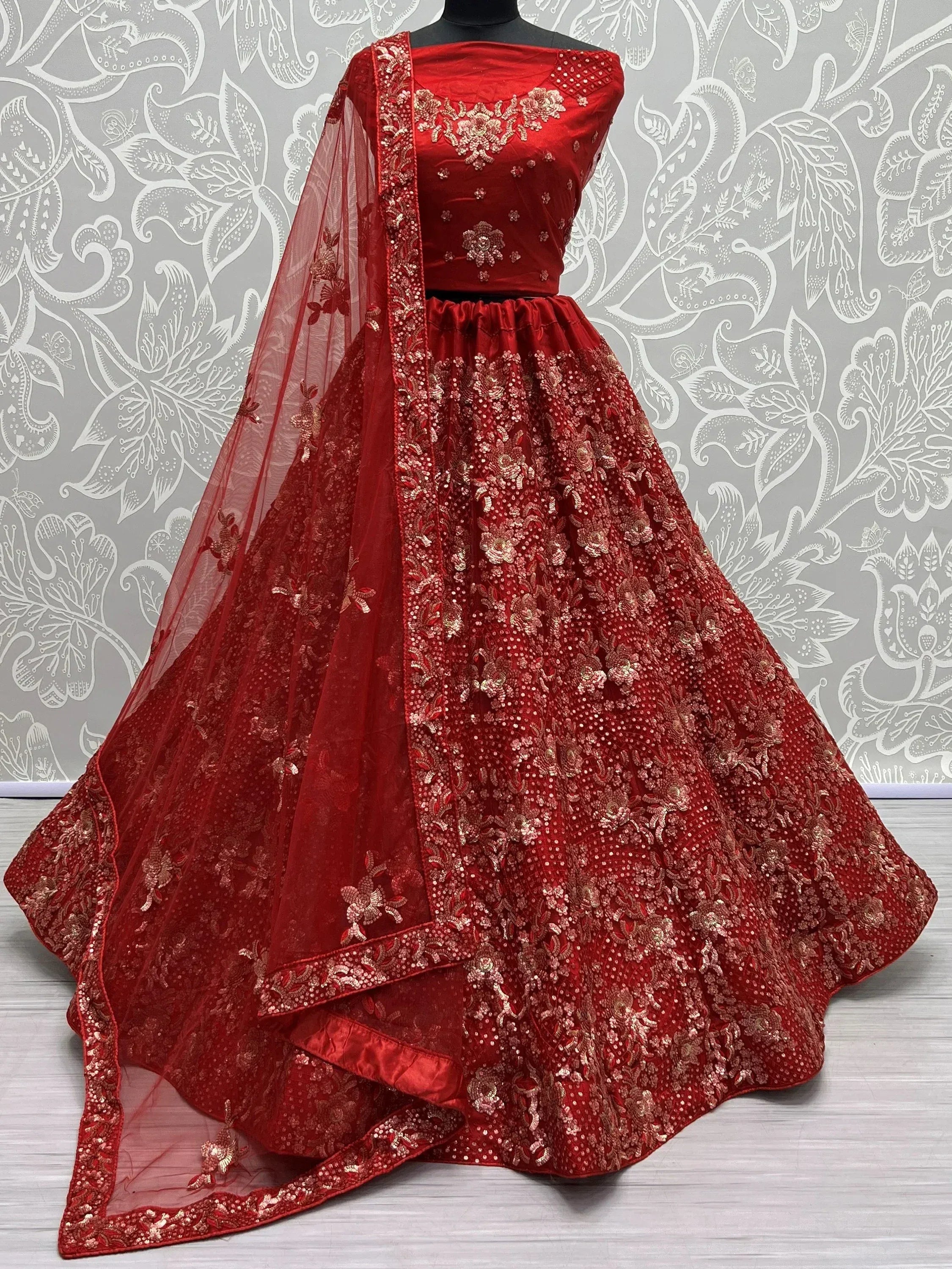 Red embroidered lehenga choli with net dupatta, Indian ethnic wear for weddings and festivals