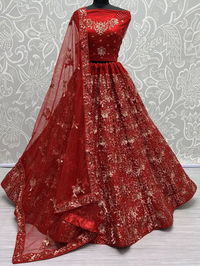Marvelous Red Sequins Net Bridal Lehenga Choli With Dupatta - Ethnic Plus In