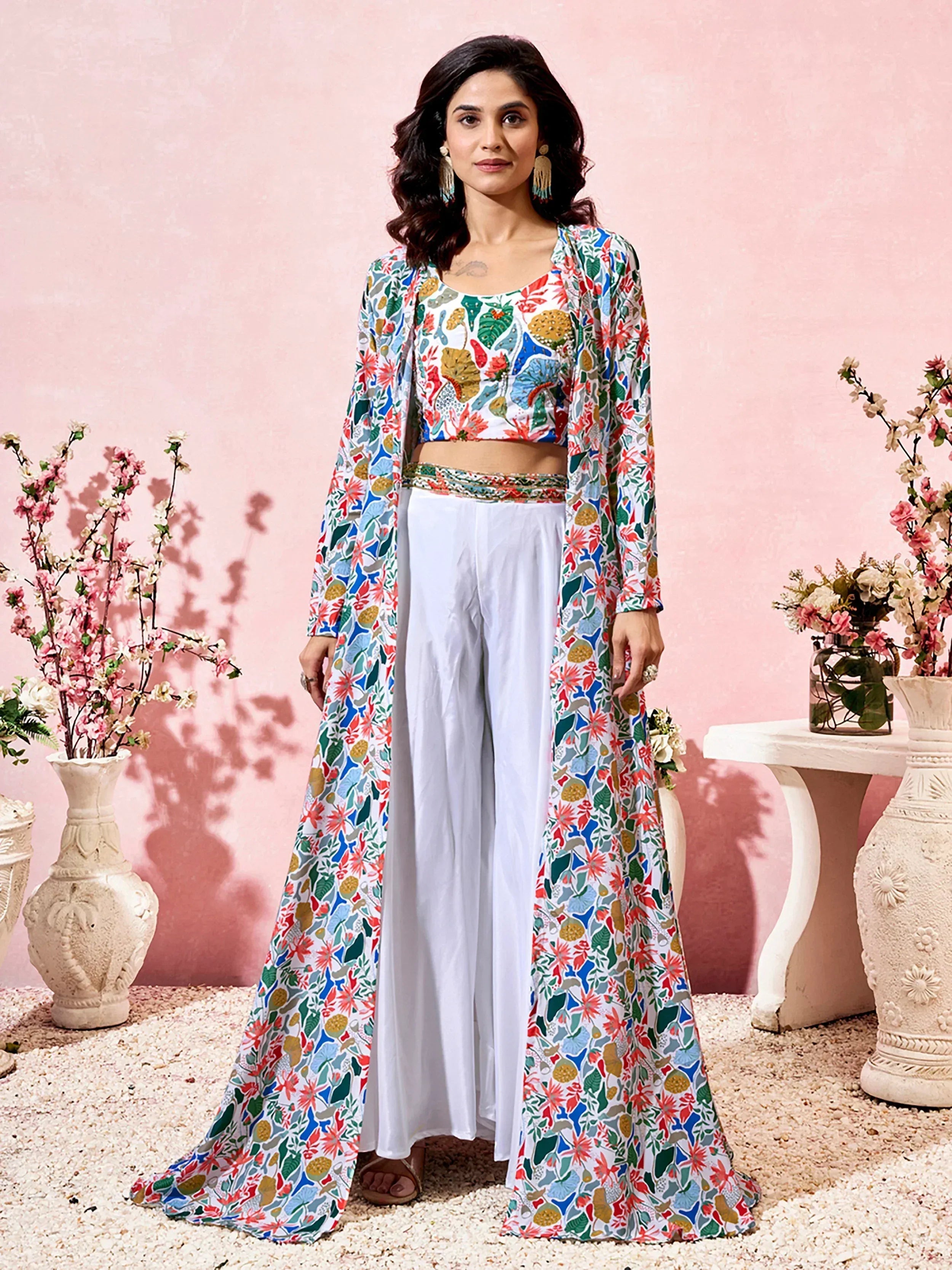 Floral printed Indian ethnic wear set with crop top, palazzo pants, and long jacket for women
