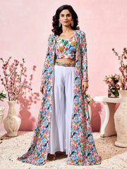 Marvelous White Crepe Floral Printed Crop Top Palazzo With Shrug - Ethnic Plus In