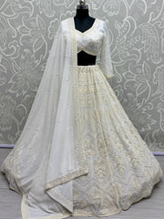 Marvelous White Pearl Work Georgette Monochrome Lehenga Choli - Ethnic Plus In