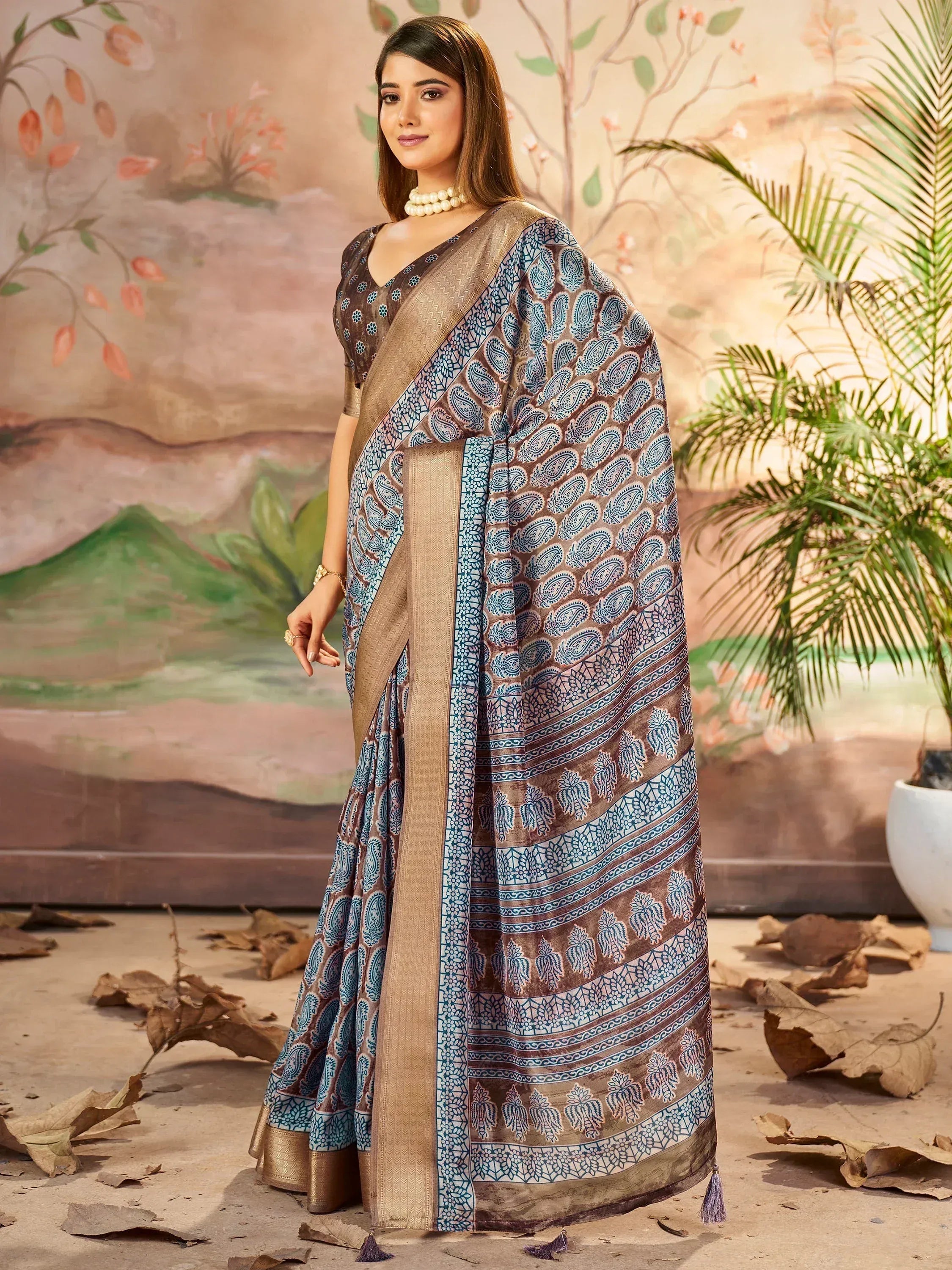 Marvelous Brown Printed Dola Silk Office Wear Saree With Blouse