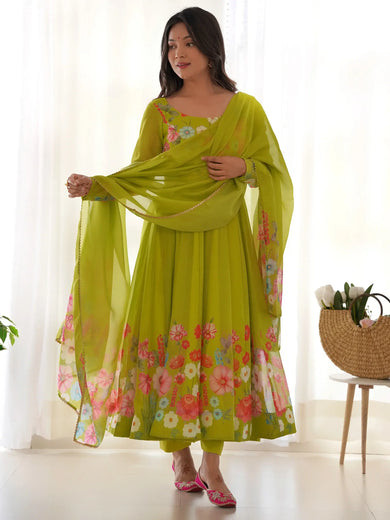 Marvelous Green Floral Printed Organza Festival Wear Anarkali Suit