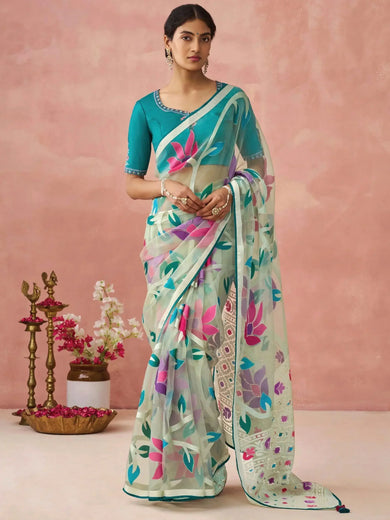 Lovable Sky Blue Brasso Organza Festival Wear Saree