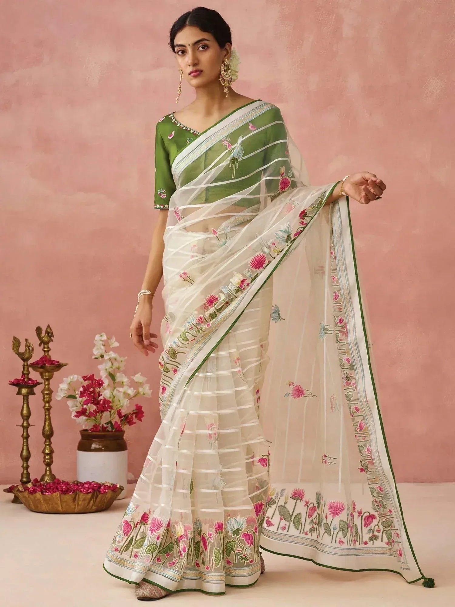 White floral embroidered saree with green blouse, perfect for Indian ethnic wear occasions