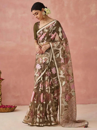 Attractive Olive Green Brasso Organza Festival Wear Saree
