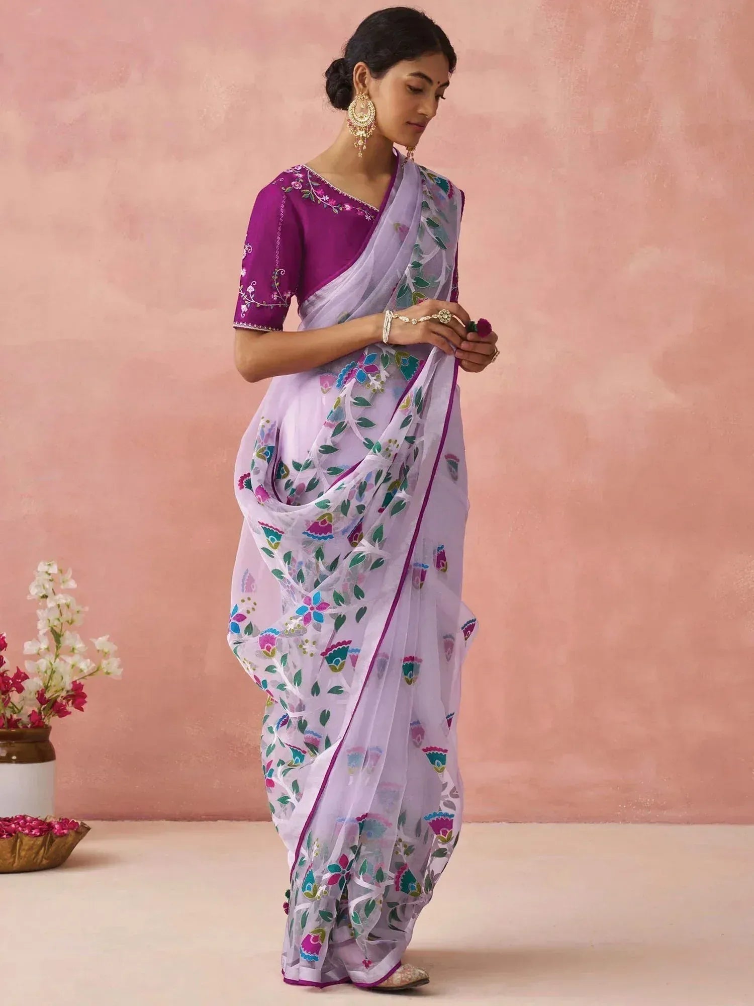 Gorgeous Lavender Brasso Organza Festival Wear Saree