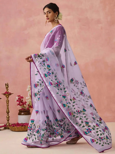Gorgeous Lavender Brasso Organza Festival Wear Saree