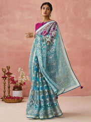 Pretty Sky Blue Brasso Organza Festival Wear Saree With Pink Blouse