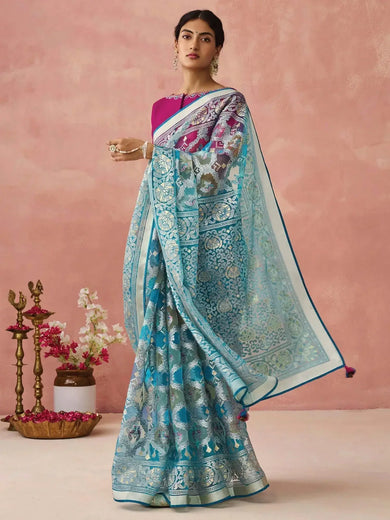 Pretty Sky Blue Brasso Organza Festival Wear Saree With Pink Blouse