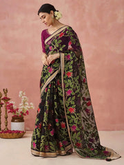 Gorgeous Black Brasso Organza Festival Wear Saree With Wine Blouse