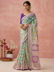 Beautiful Sky Blue Brasso Organza Festival Wear Saree With Purple Blouse