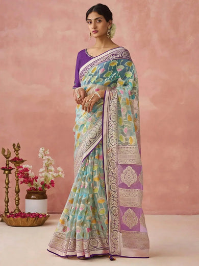 Beautiful Sky Blue Brasso Organza Festival Wear Saree With Purple Blouse