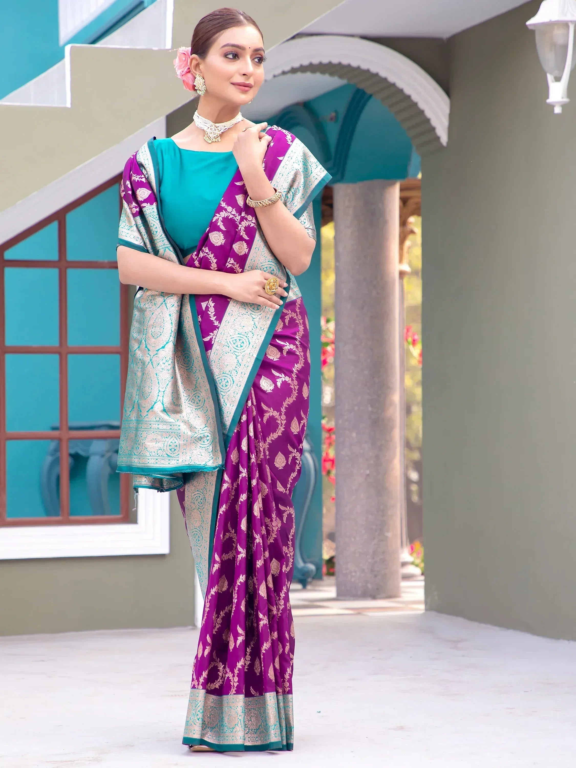 Stunning Purple Zari Weaving Banarasi Silk Festival Wear Saree