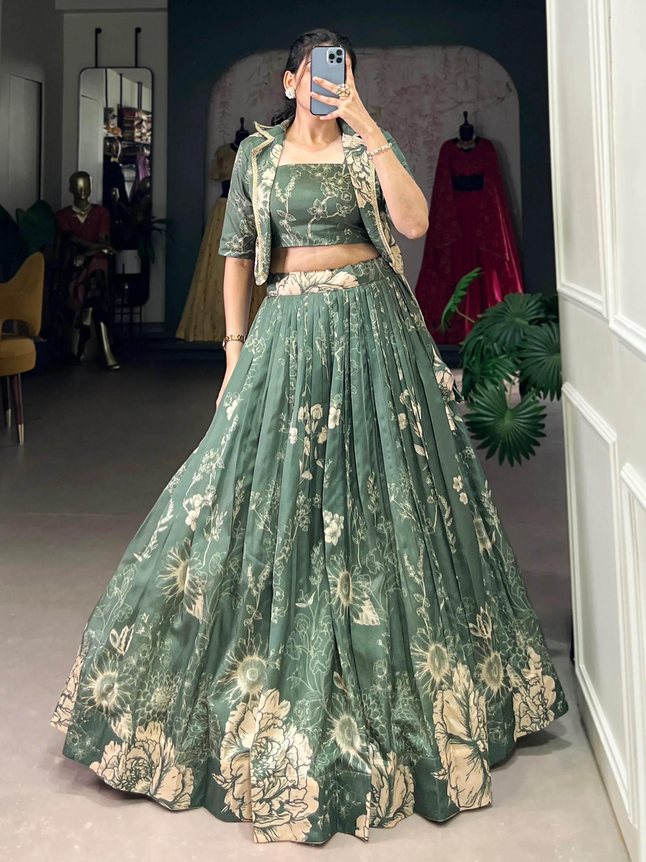 Mesmerizing Bottle Green Printed Tussar Silk Crop Top Lehenga With Jacket - Ethnic Plus In