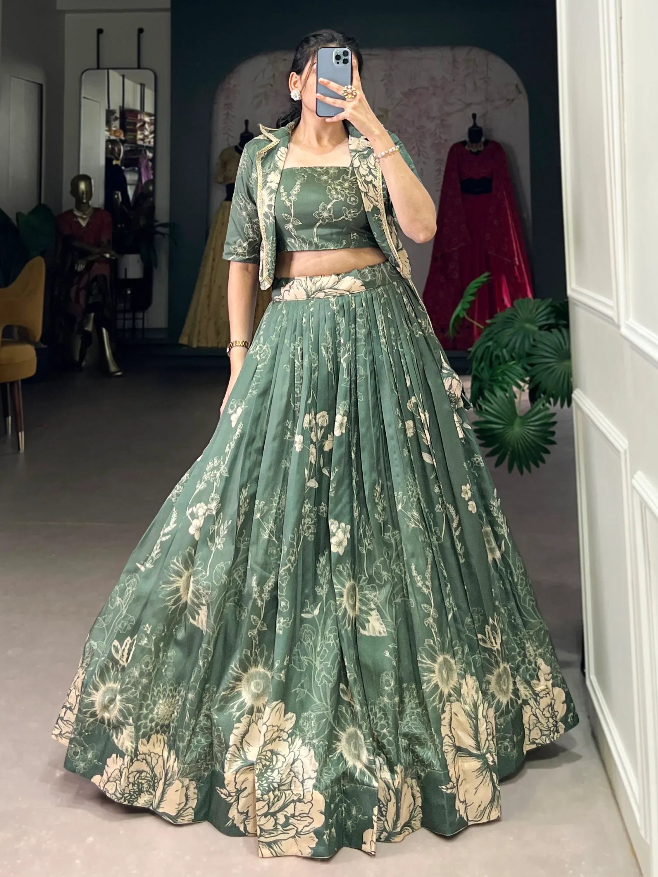Mesmerizing Bottle Green Printed Tussar Silk Crop Top Lehenga With Jacket - Ethnic Plus In