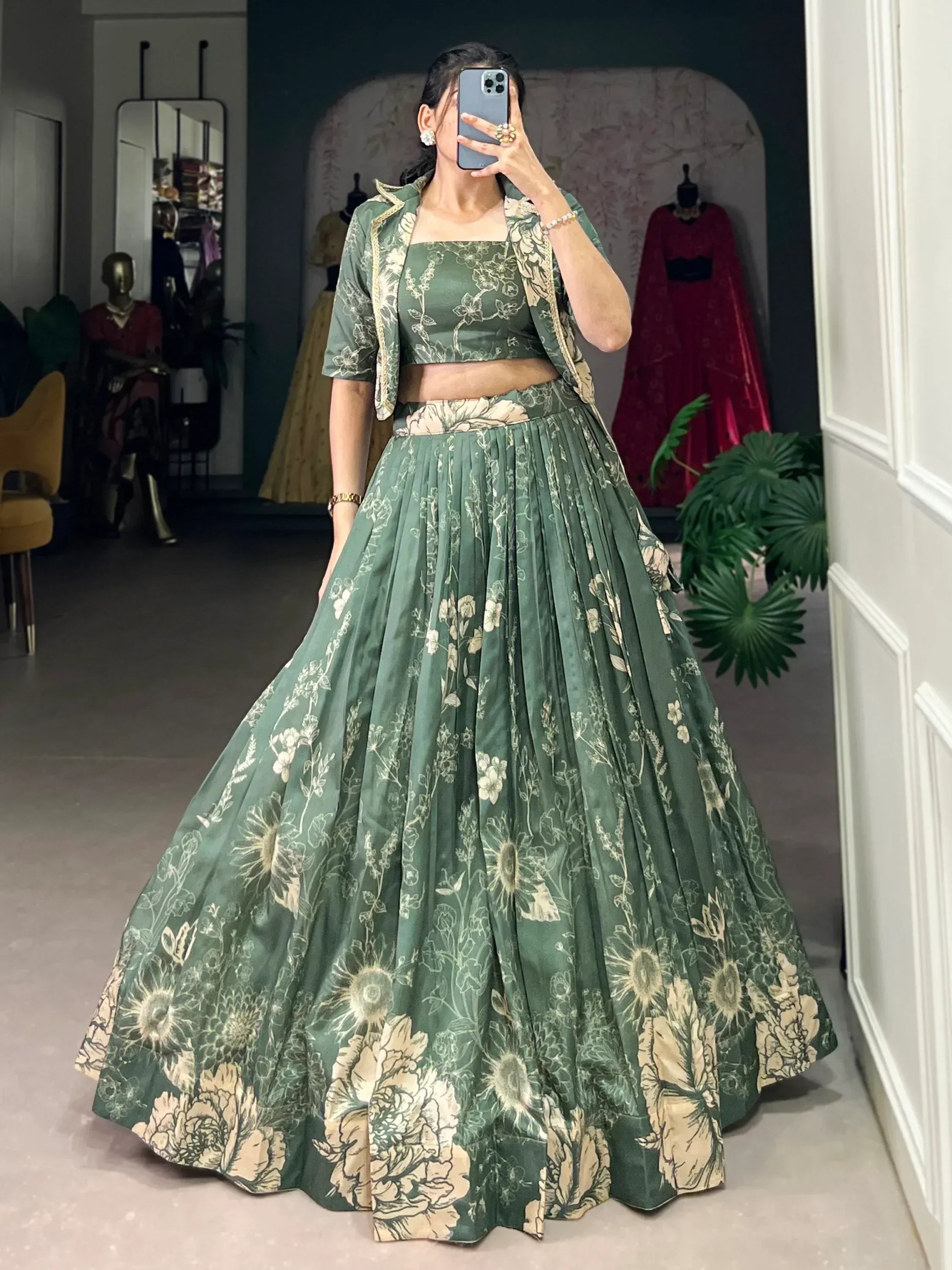 Green floral lehenga choli with matching jacket, Indian ethnic wear for women