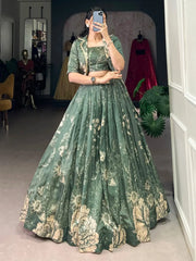Mesmerizing Bottle Green Printed Tussar Silk Crop Top Lehenga With Jacket - Ethnic Plus In