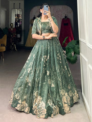 Mesmerizing Bottle Green Printed Tussar Silk Crop Top Lehenga With Jacket - Ethnic Plus In