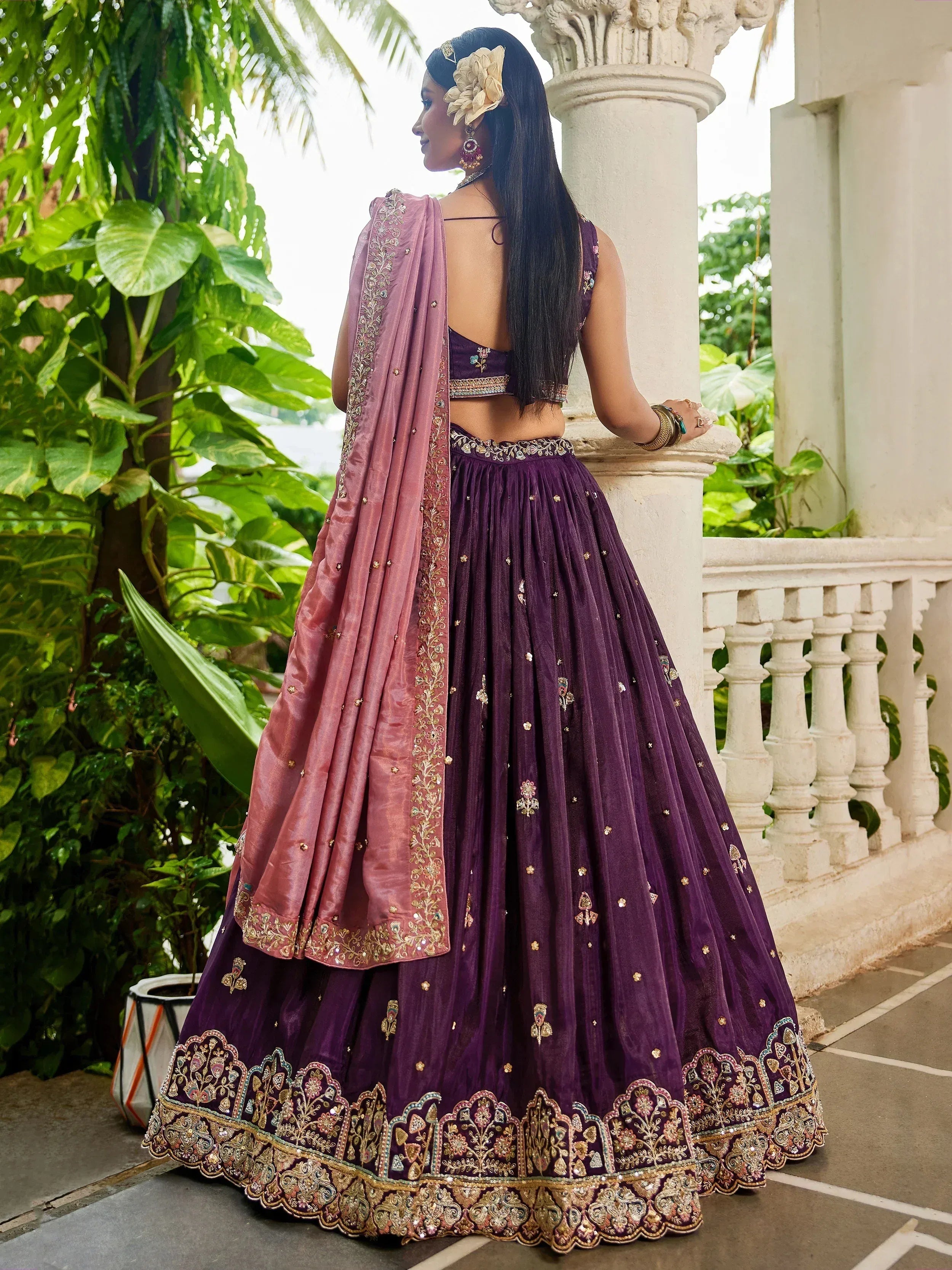 Purple embroidered lehenga choli with pink dupatta, traditional Indian ethnic wear for weddings